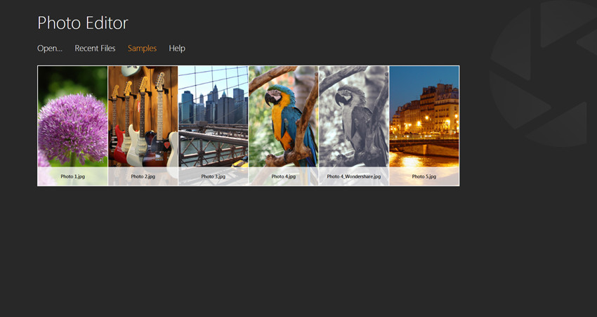 Стартовый экран Photo Editor с вкладками Open, Recent Files, Samples и Help
