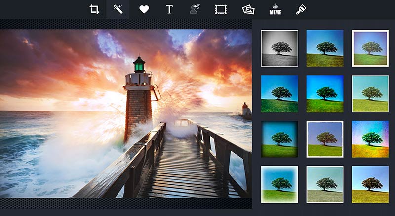 Интерфейс piZap Photo Editor с фильтрами и рабочей областью