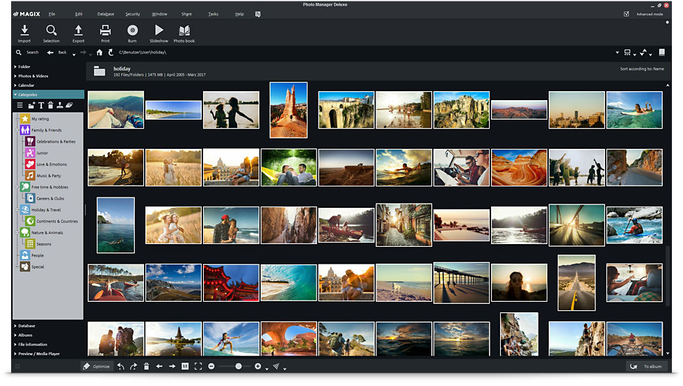 Тёмная тема MAGIX Photo Manager Deluxe с категориями, миниатюрами и панелью быстрого доступа