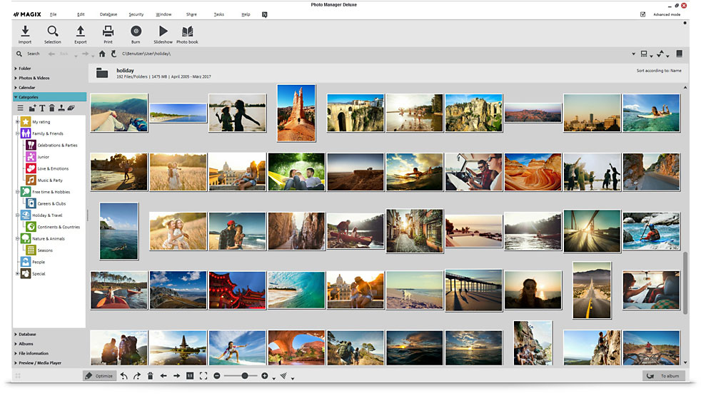 Главное окно MAGIX Photo Manager Deluxe со светлой темой, сеткой миниатюр, категориями и верхней панелью команд
