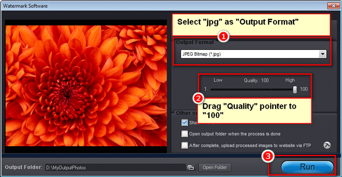 Экран Output с выбором Output Format, Quality, Output Folder и кнопкой Run