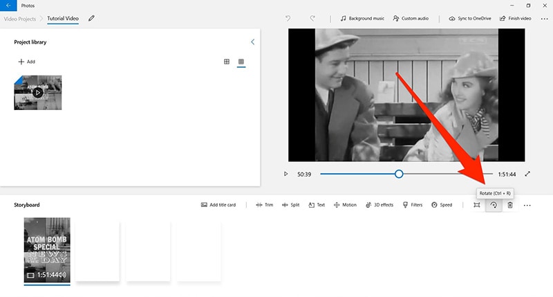 Поворот видео в приложении Фотографии Windows