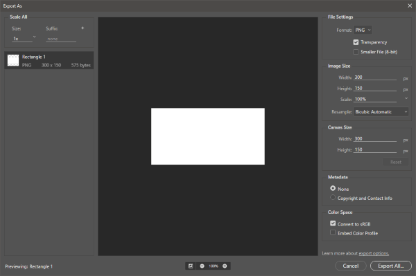 Окно экспорта в Adobe Photoshop