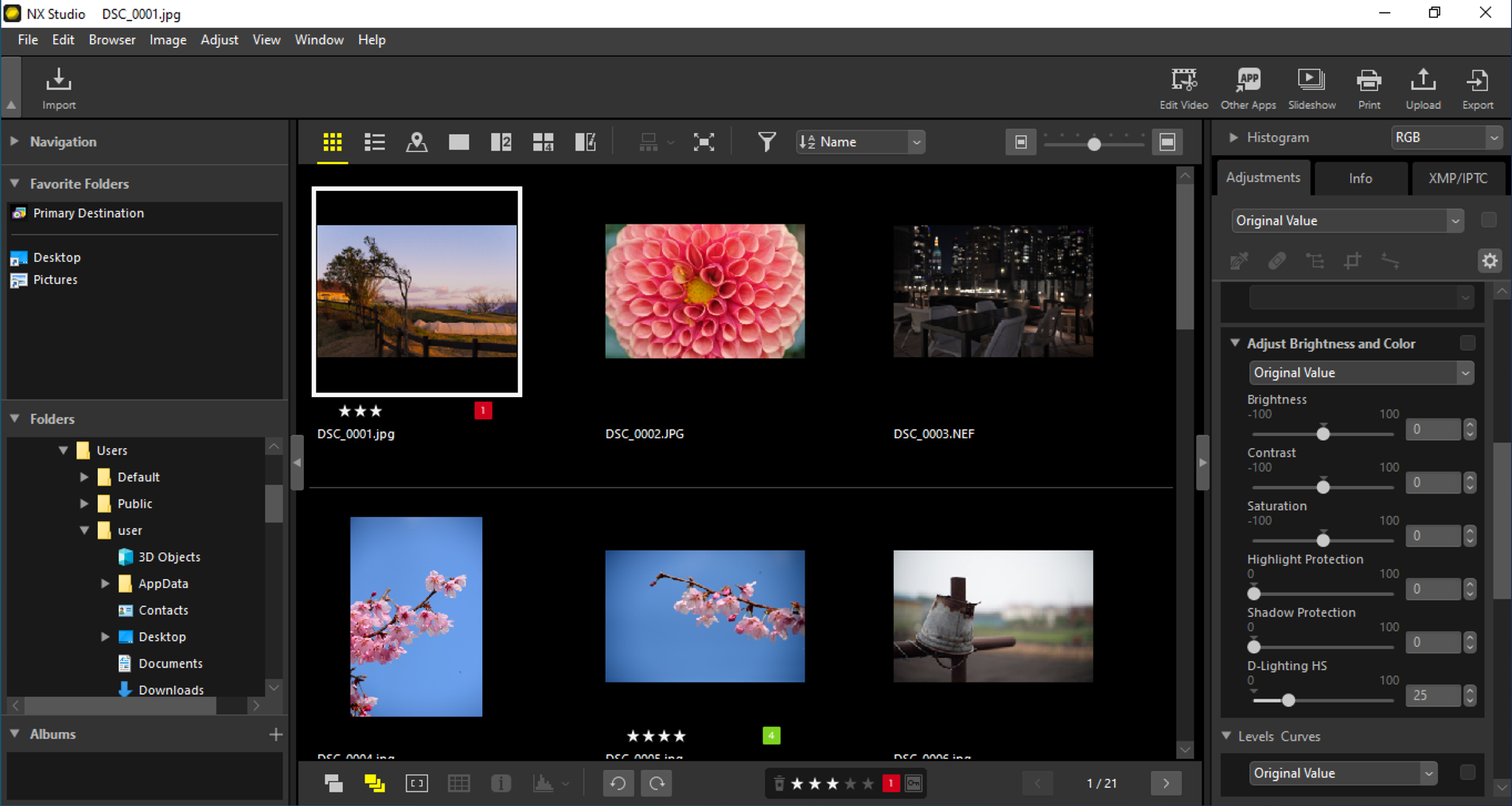 Интерфейс Nikon NX Studio с браузером изображений, папками, миниатюрами и панелью Adjustments