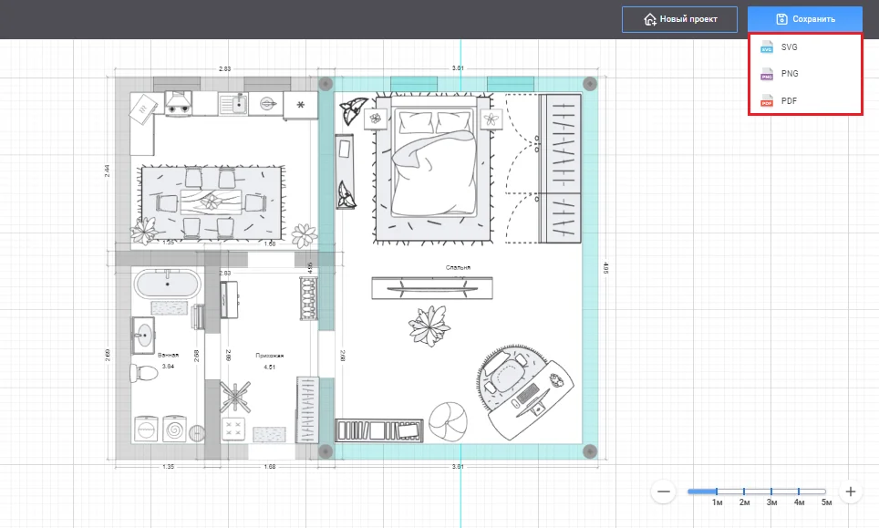 Flat Planner: меню сохранения проекта в SVG, PNG и PDF