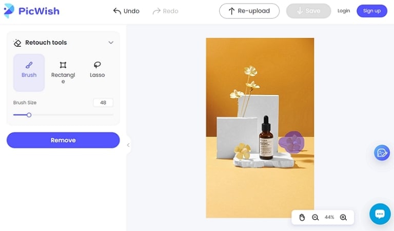 Интерфейс PicWish Object Remover с инструментами Brush, Rectangle, Lasso и кнопкой Remove