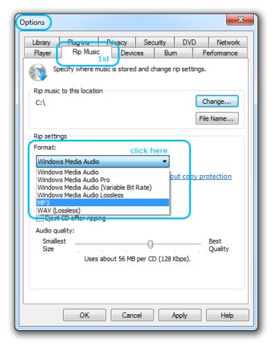 Windows Media Player: выбор MP3 в настройках копирования CD