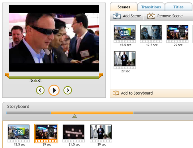 Pixorial Movie Creator: вкладки Scenes, Transitions, Titles и Storyboard