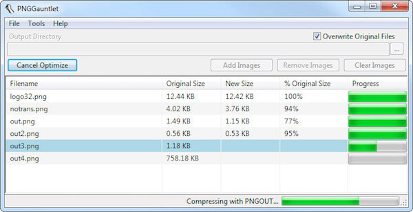 PNGGauntlet: окно оптимизации PNG