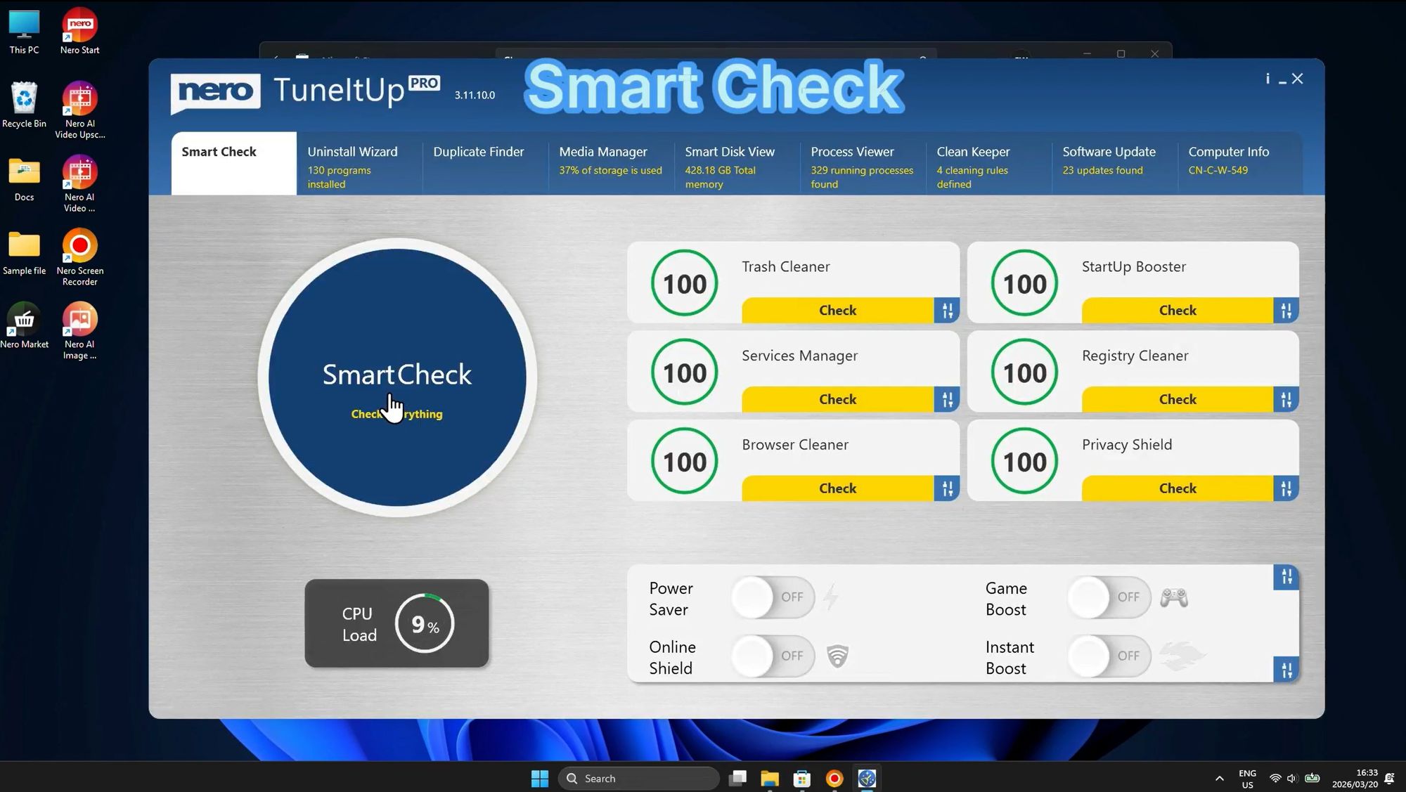 Главная панель Smart Check в Nero TuneItUp PRO
