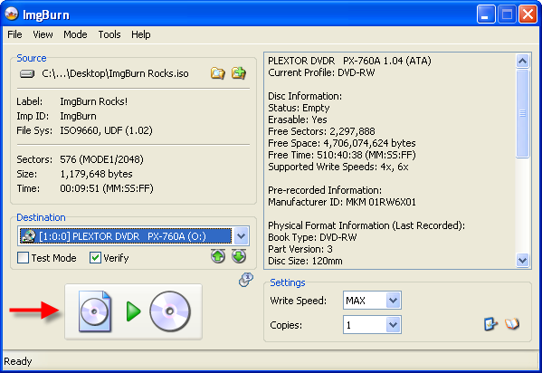 Окно Write в ImgBurn