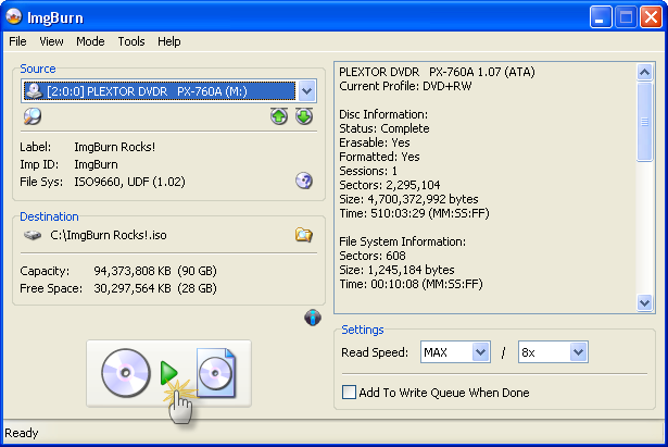 Окно Read в ImgBurn