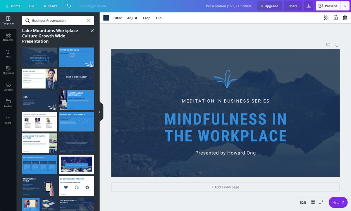 Интерфейс Canva с редактором презентации и панелью шаблонов