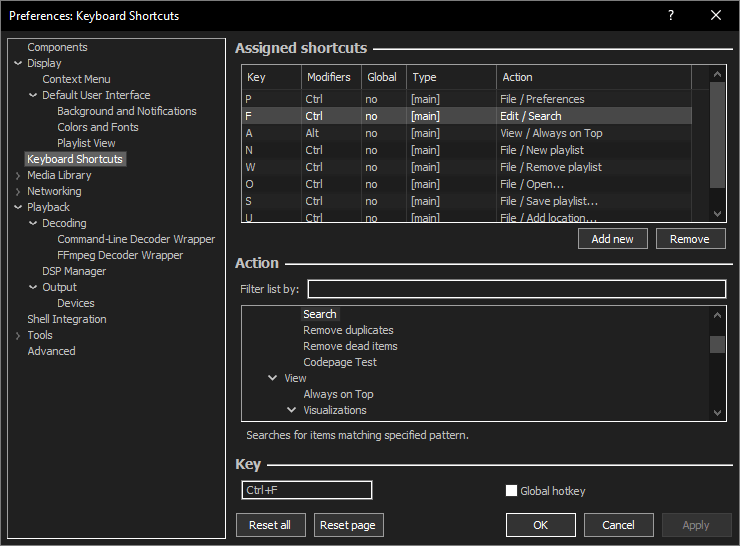 Горячие клавиши в foobar2000