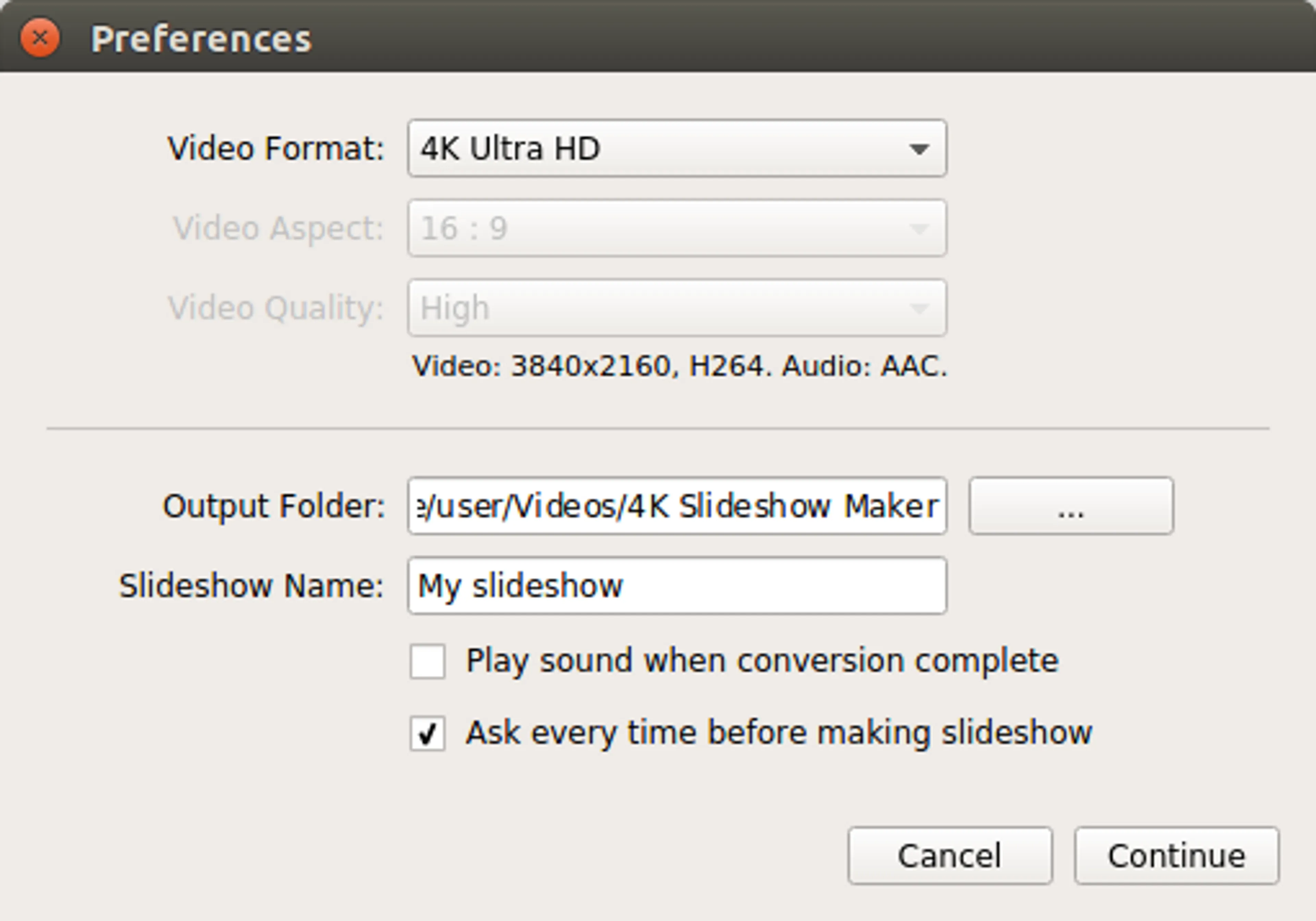 Окно Preferences в 4K Slideshow Maker с настройками Video Format, Output Folder и Slideshow Name