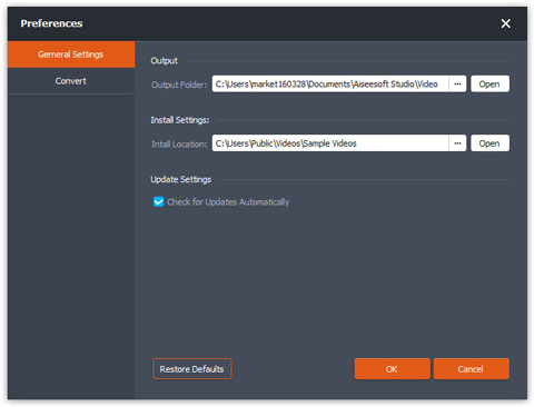 Окно Preferences в Aiseesoft Free Video Converter