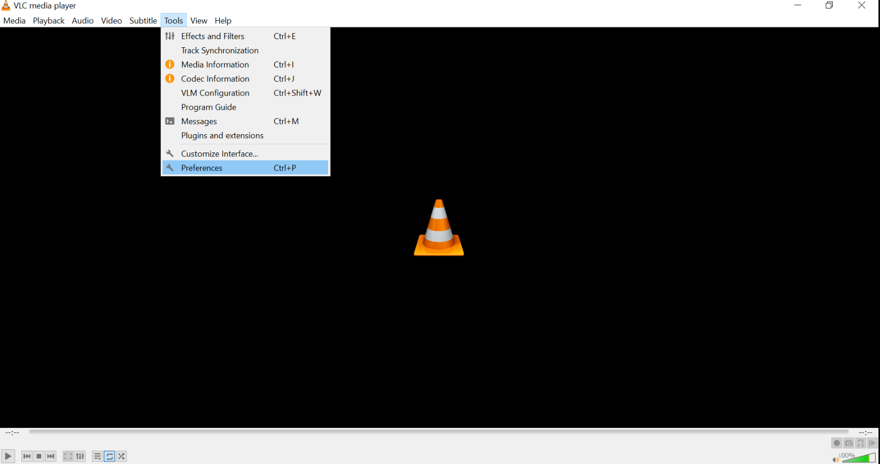 Главное окно VLC Media Player и меню Tools