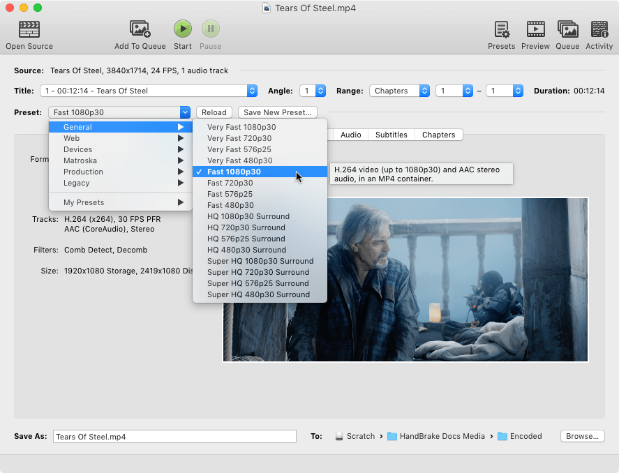 Интерфейс HandBrake с выбором пресета