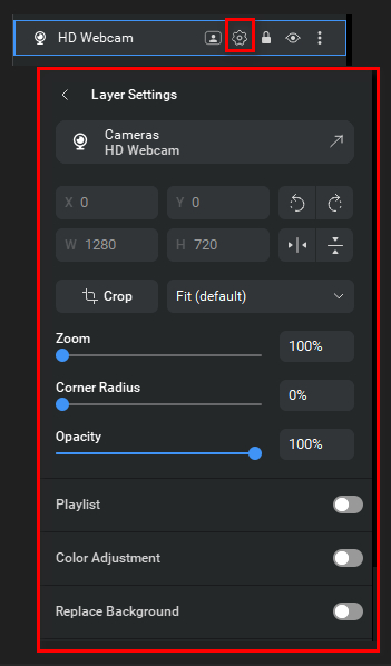 Настройка слоя в ManyCam