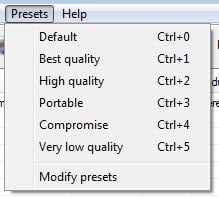 Меню Presets в MP3 Quality Modifier