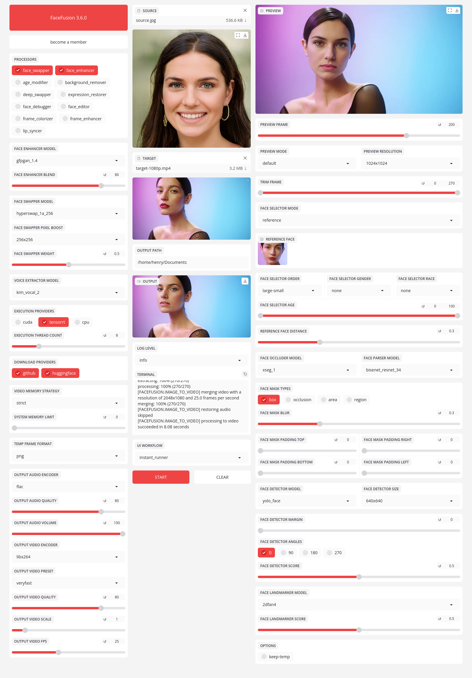 FaceFusion — интерфейс локальной замены лица