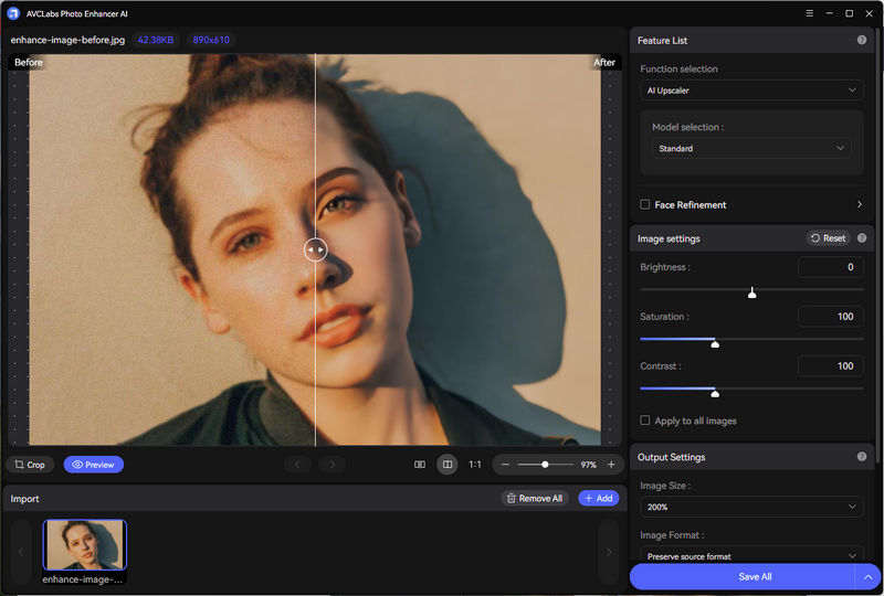 Сравнение Before и After в AVCLabs Photo Enhancer AI