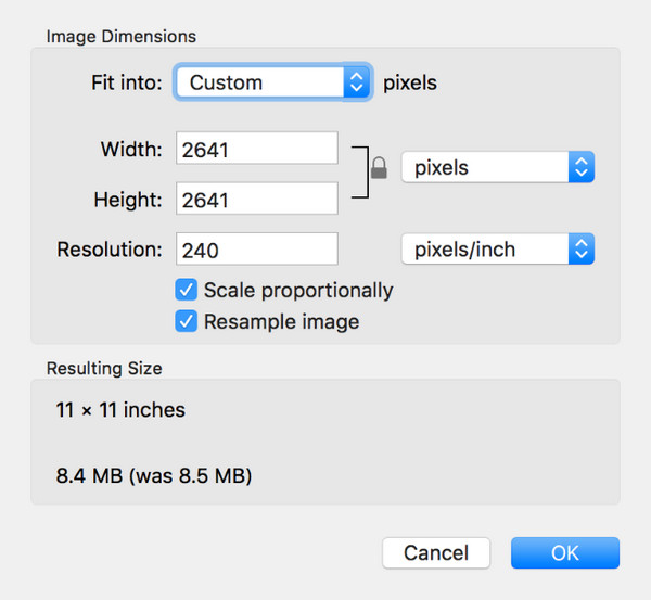 Предпросмотр macOS: настройка размера изображения