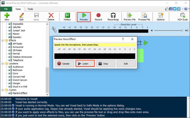 Окно Preview Voice Effect в Voxal