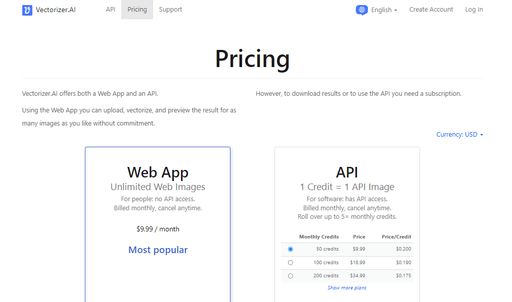 Страница Pricing в Vectorizer.AI с планами Web App и API