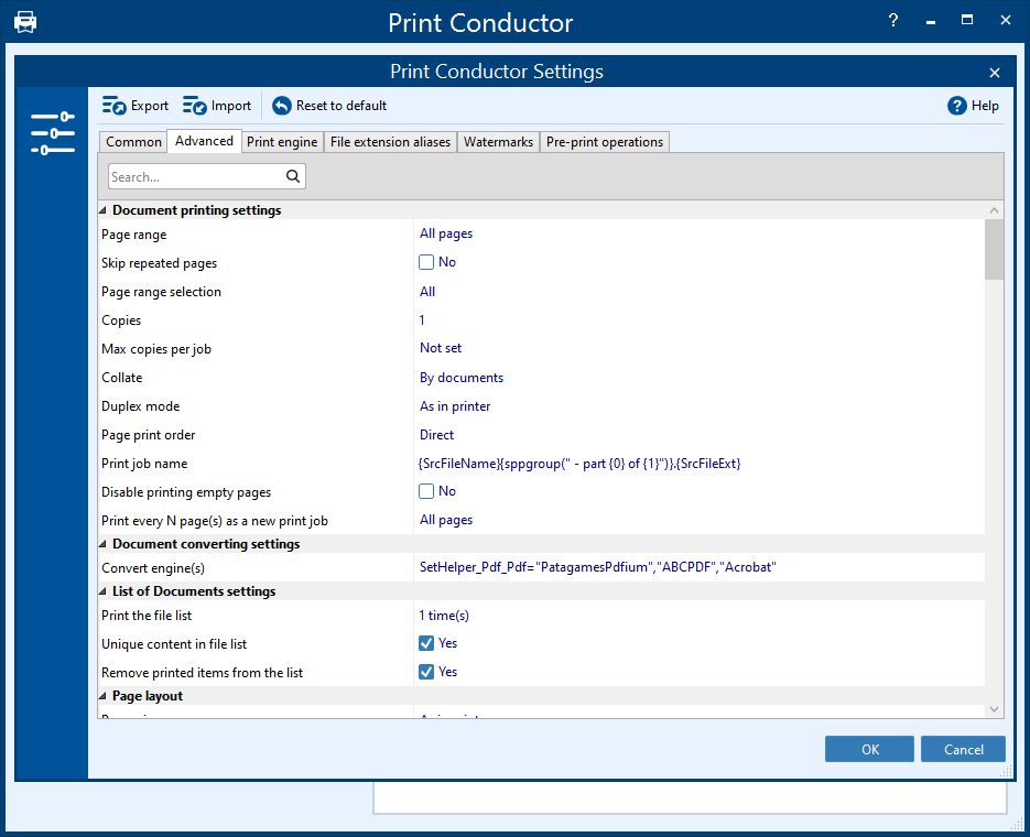 Окно Print Conductor Settings
