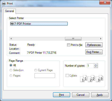 Окно печати с выбранным 7-PDF Printer