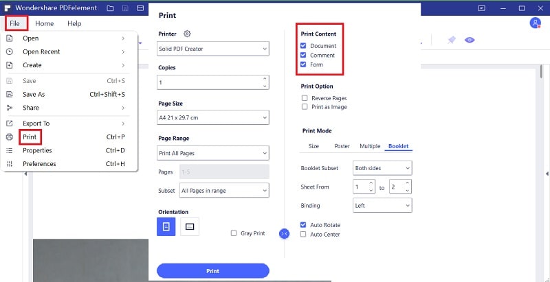 Печать документа в PDFelement