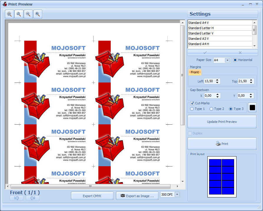 Окно Print Preview в BusinessCards MX с визитками на листе и метками реза