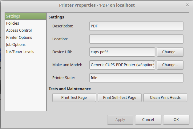 Свойства принтера PDF on localhost с Device URI cups-pdf:/