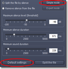 Expert mode с настройками порога тишины и кнопками Default settings / Simple mode