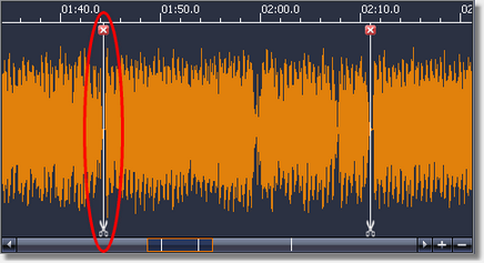Waveform с линиями разреза в X-Wave MP3 Cutter Joiner