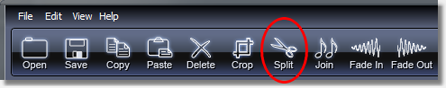 Панель инструментов X-Wave MP3 Cutter Joiner с кнопками Open, Save, Copy, Paste, Delete, Crop, Split, Join