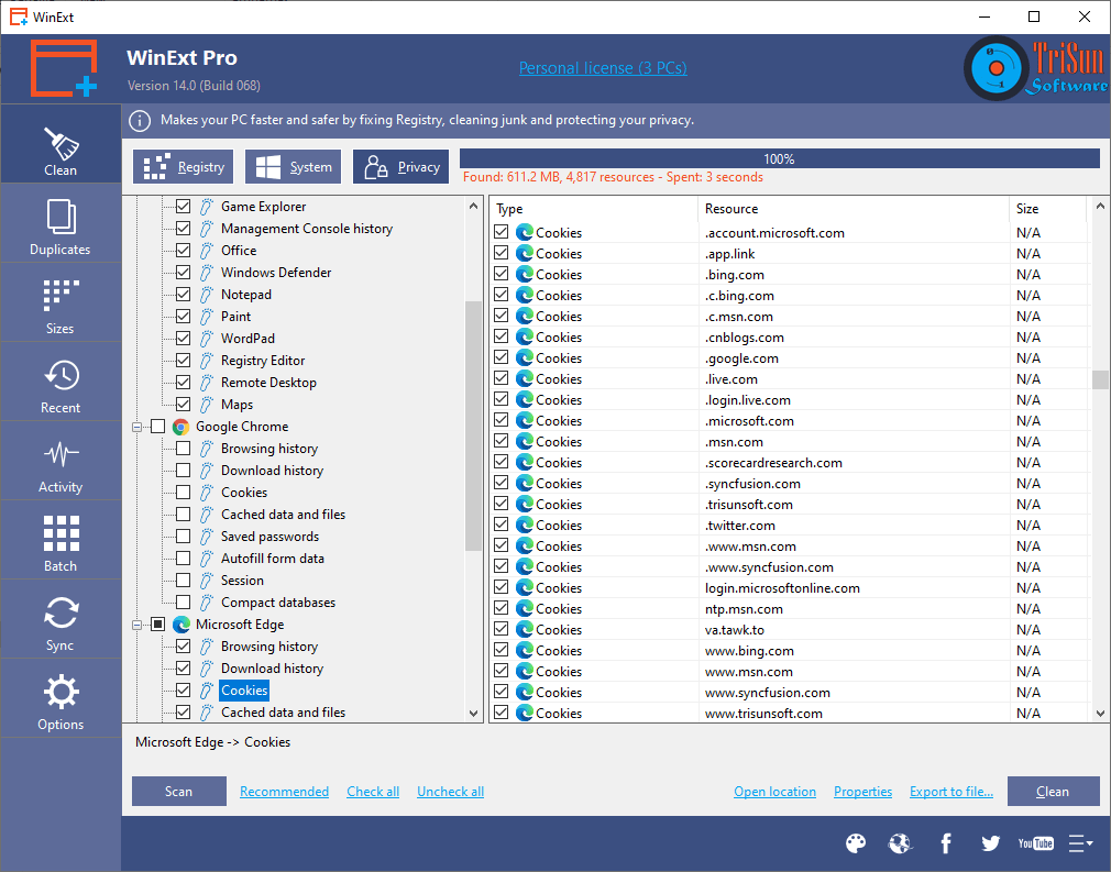 WinExt Free — раздел Privacy для очистки следов Windows и браузеров