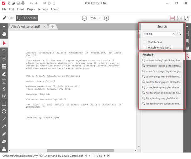 Поиск слова в Icecream PDF Editor