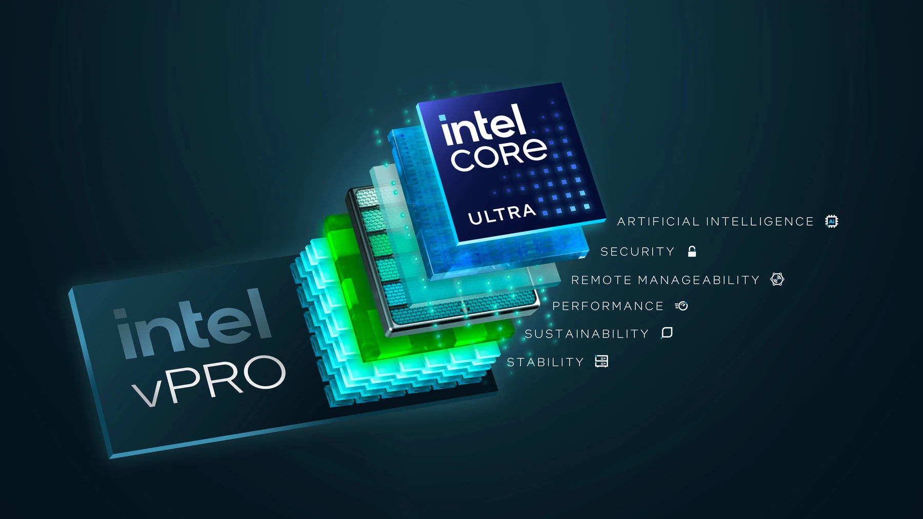 Официальная иллюстрация Intel Core Ultra Series 2 с Intel vPro, семейства Intel Core Ultra 7 265U