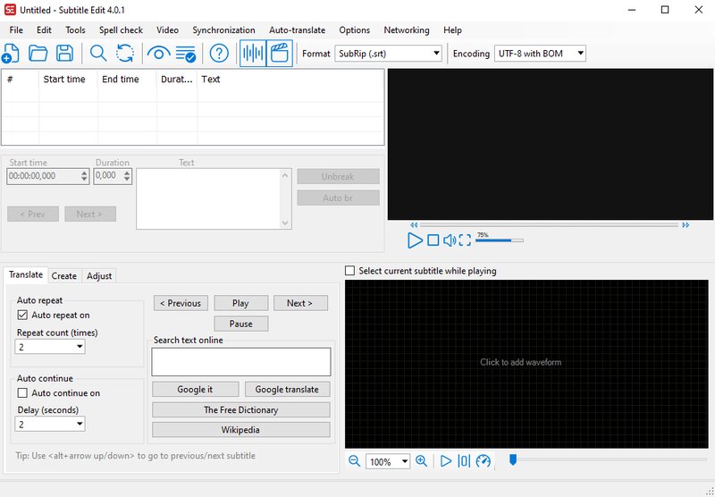 Интерфейс Subtitle Edit
