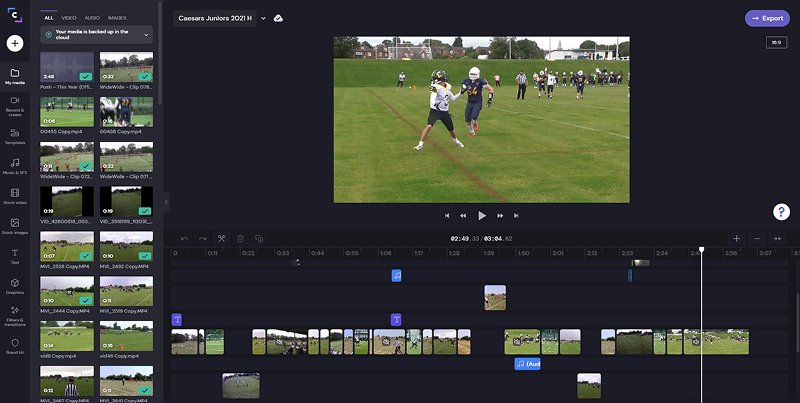 Интерфейс Clipchamp с таймлайном и панелями редактирования