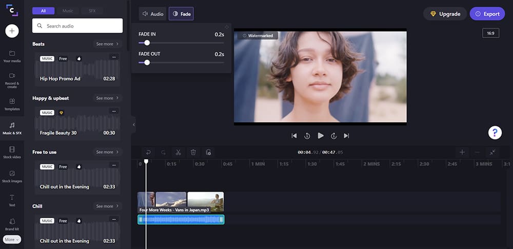 Интерфейс Clipchamp