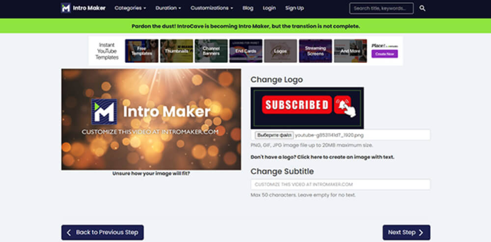 Интерфейс Intro Maker для готовых заставок