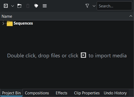 Project Bin в новом проекте Kdenlive (пустая медиатека с подсказкой импорта)