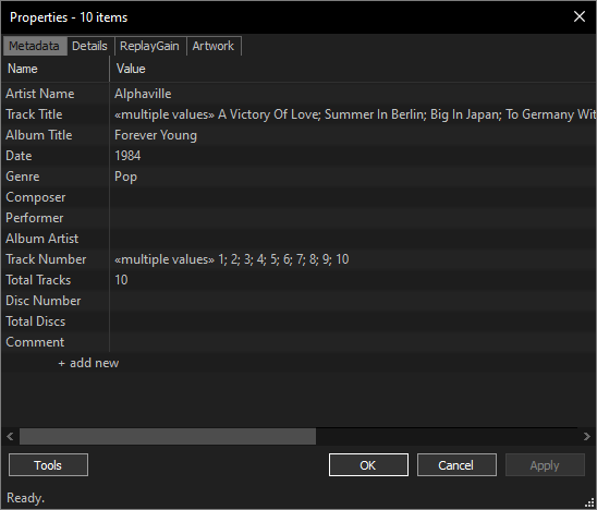 Окно Properties в foobar2000
