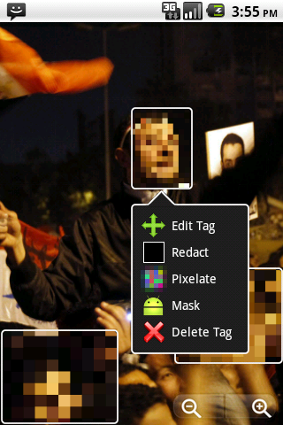 Экран ObscuraCam с ручным выбором режима скрытия лица: Edit Tag, Redact, Pixelate, Mask и Delete Tag