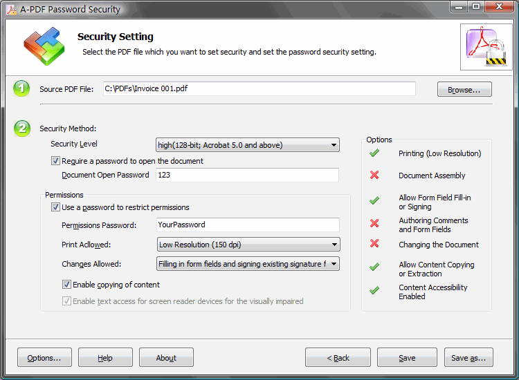 Скриншот A-PDF Password Security: ps single