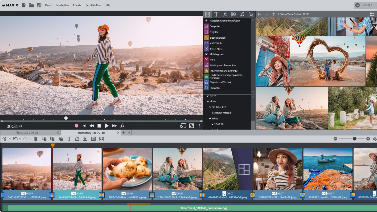 Интерфейс MAGIX Photostory Deluxe с окном предпросмотра, медиапулом и раскадровкой