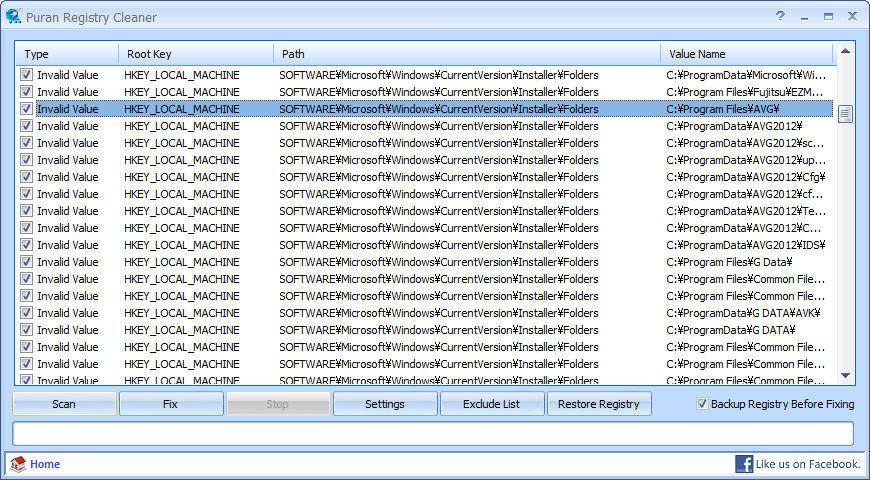 Окно Puran Registry Cleaner после сканирования с найденными invalid value в таблице Type, Root Key, Path, Value Name